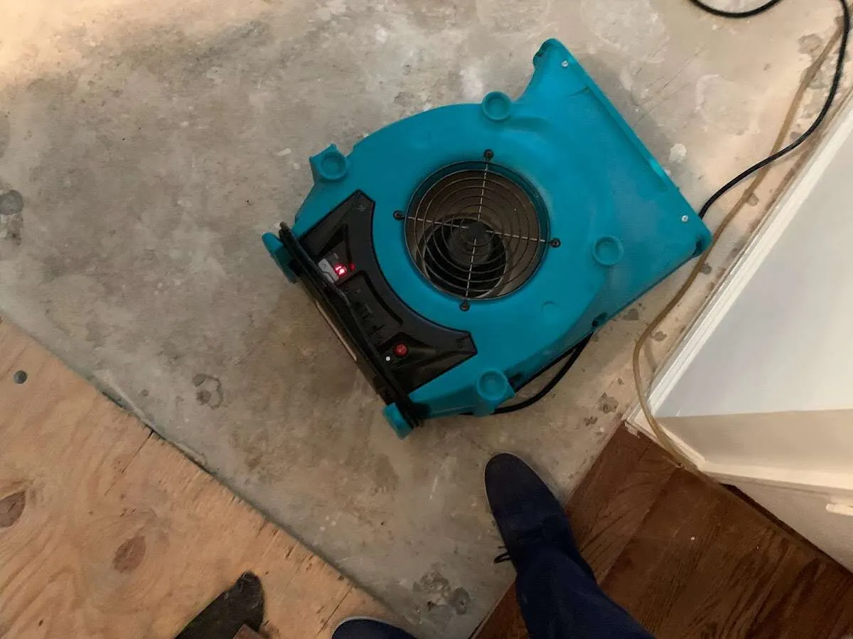 Air mover drying subfloor during Commercial Water Damage Restoration in Carson